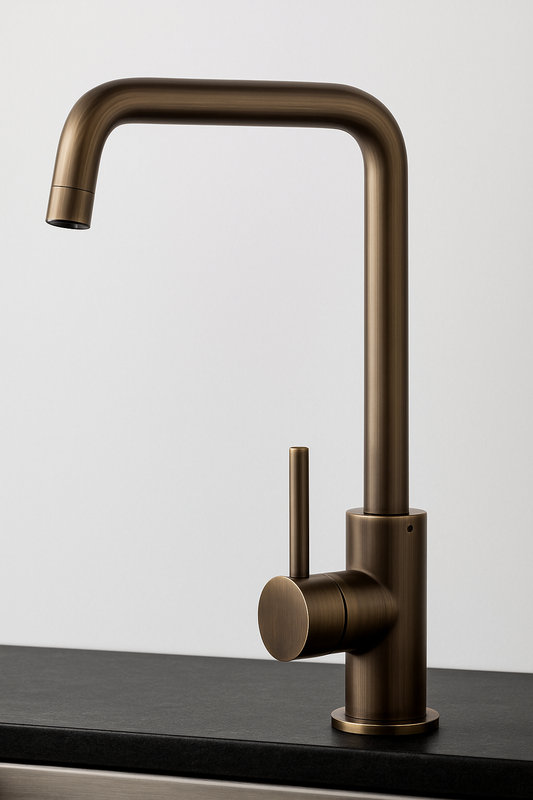 Bronze kitchen faucet on a black countertop with a white background